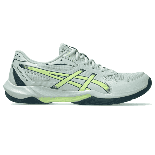 White athletic shoe with green accents on a white background