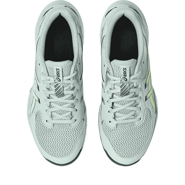 Pair of light gray running shoes with a visible brand logo on a white background
