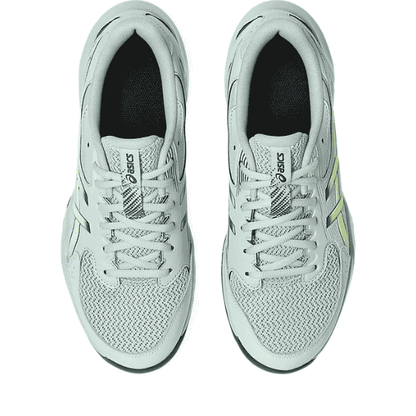 Pair of light gray running shoes with a visible brand logo on a white background