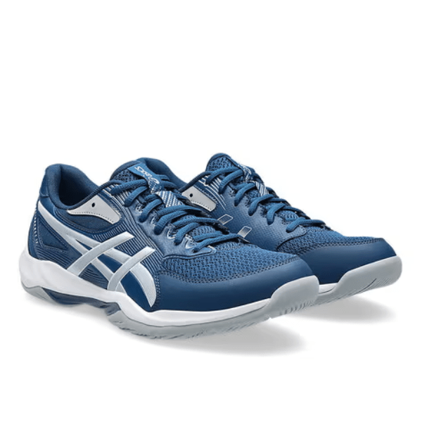 Blue athletic shoes with white accents on a white background