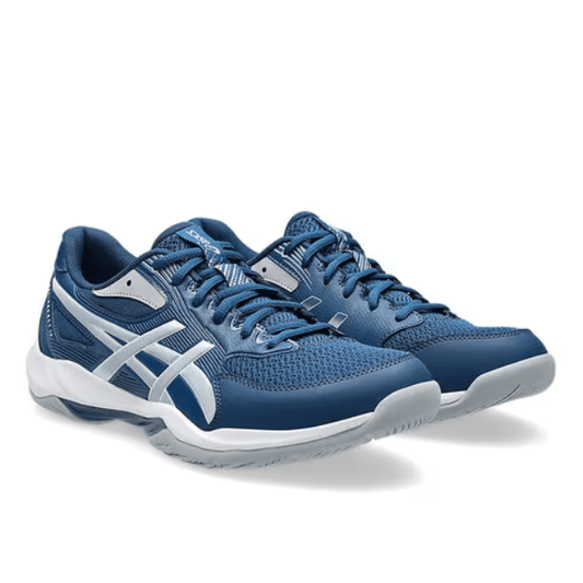 Blue athletic shoes with white accents on a white background