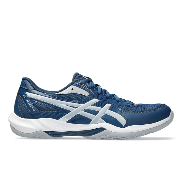 Blue and white athletic shoe on a white background