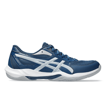 Blue and white athletic shoe on a white background