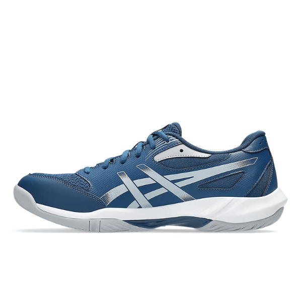 Blue athletic shoe with white accents on a white background