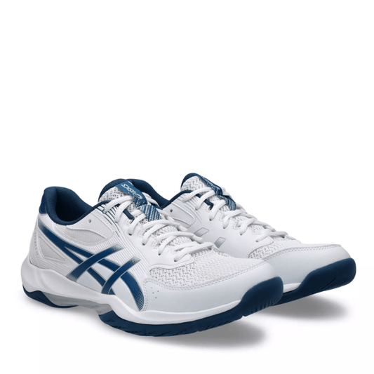 White and blue athletic shoes on a white background