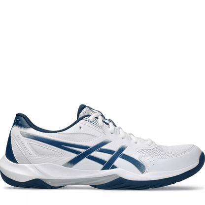 White and blue athletic shoe on a white background