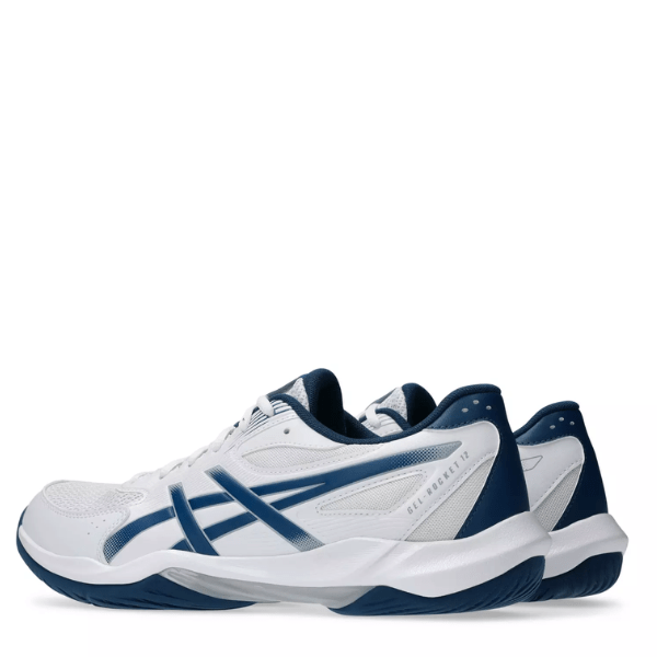 White and blue athletic shoe on a white background