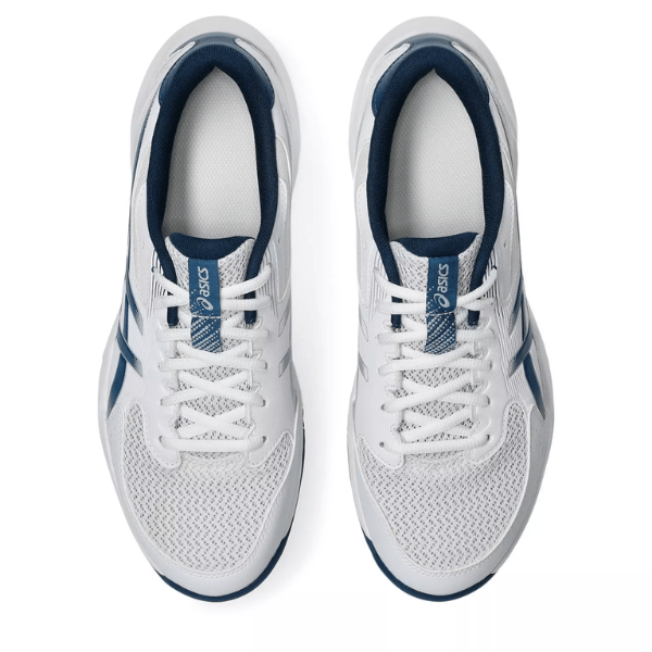 White running shoes with blue accents on a white background