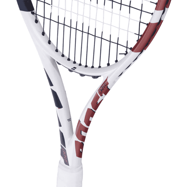 Close-up of a tennis racket with a white, blue, and red design on a white background
