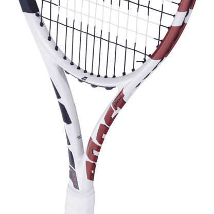 Close-up of a tennis racket with a white, blue, and red design on a white background