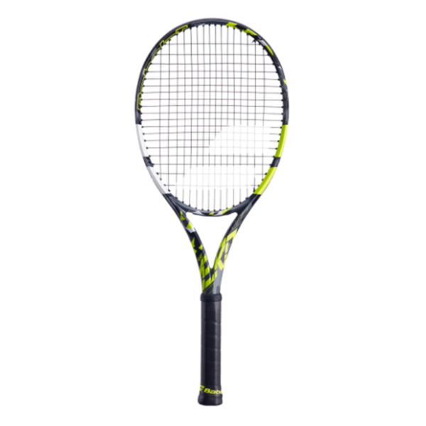 Tennis racket with black and yellow design on a white background