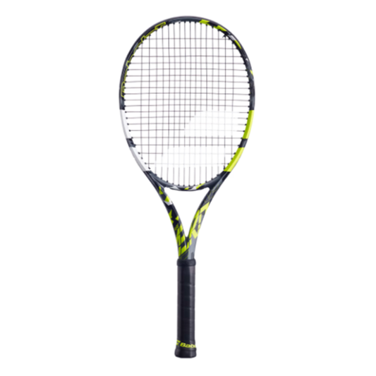 Tennis racket with black and yellow design on a white background