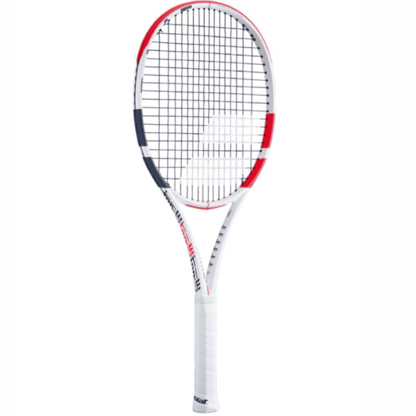 Babolat Pure Strike 3rd Generation tennis racket with a white, red ,blue and black graphite frame displayed on a clean white background.