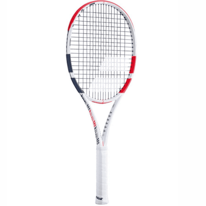 Babolat Pure Strike 3rd Generation tennis racket with a white, red ,blue and black graphite frame displayed on a clean white background.