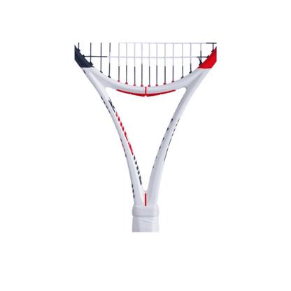 Babolat Pure Strike 3rd Generation tennis racket with a white, red,blue and black graphite frame displayed on a clean white background.