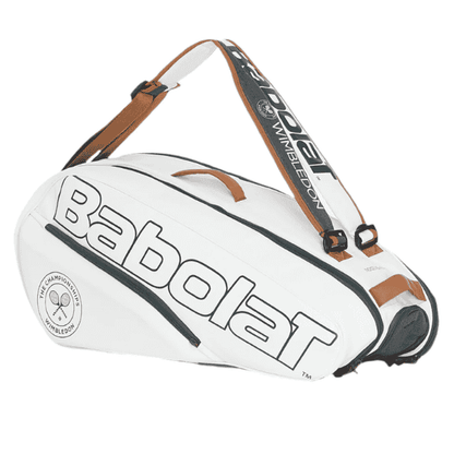 White Babolat tennis bag with brown accents on a white background
