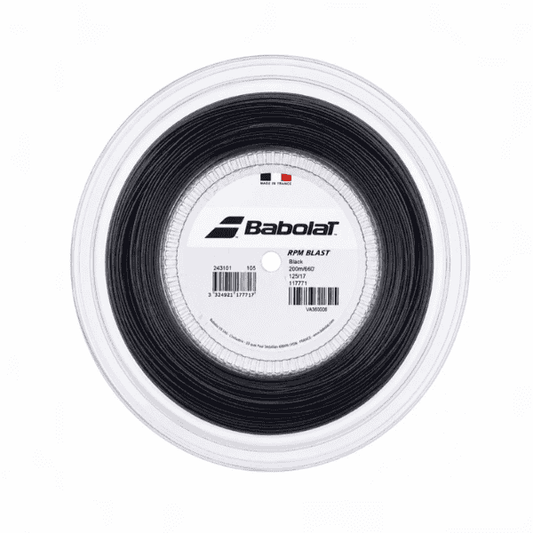 Babolat RPM Blast 17G black co-polyester tennis string reel.