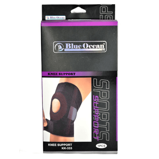 Blue Ocean Knee Support KK-333 in black with purple packaging, featuring an adjustable open-patella knee brace with hook-and-loop straps for compression, stability, and sports injury support.