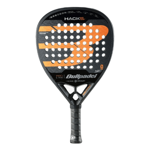 Paddle racket with black and orange design on a white background