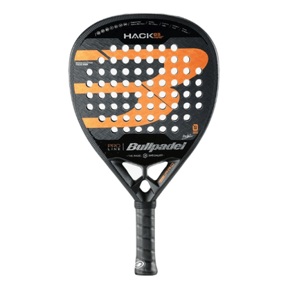 Paddle racket with black and orange design on a white background
