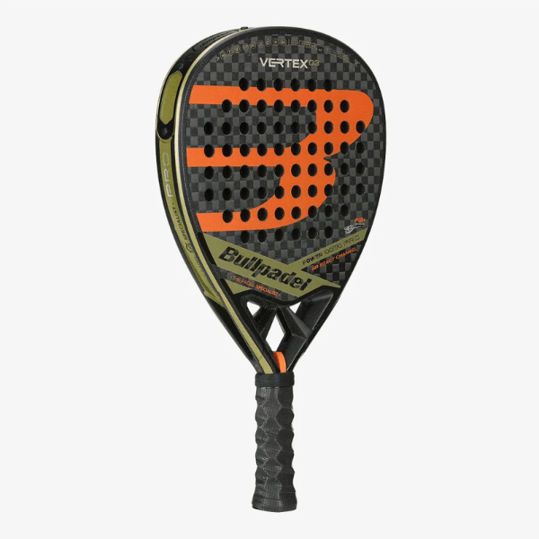 Paddle with orange and black design on a white background