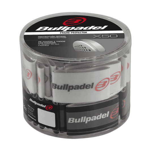 Bullpadel frame protector packaging with multiple protectors inside on a white background