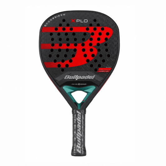 Bullpadel XPLO padel racket featuring a black carbon fiber face with bold red graphics, teal bridge accents, and a textured grip, designed for powerful attacking performance and advanced players.
