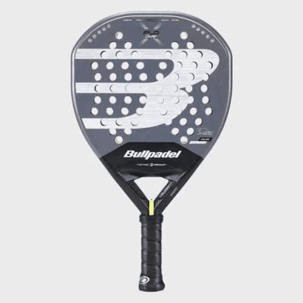 A Bullpadel paddle with a dark gray and black design, featuring a large white wing graphic and the Bullpadel logo on the face, with a black grip handle.