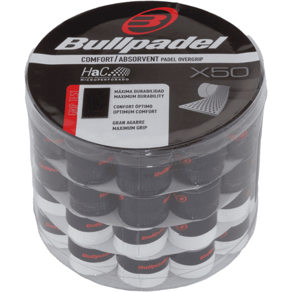 Bullpadel HaC X50 Comfort/Absorbent Padel Overgrip Pack – black and white overgrips.