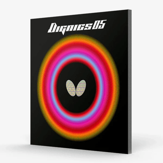 Butterfly table tennis racket with colorful circular design and 'Dignics 05' branding on a black background.