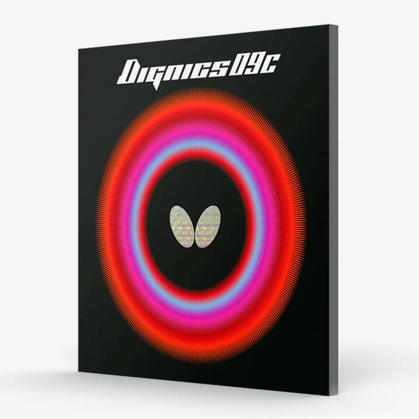 Dignic D9C table tennis rubber with colorful ring design on a black background