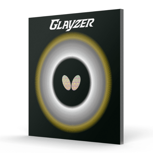 Glayzer table tennis rubber with butterfly logo on a black background