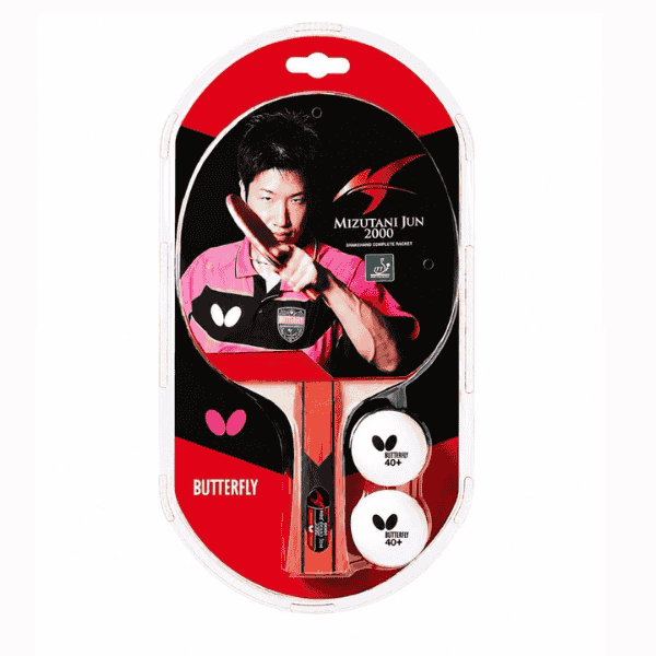 Butterfly Mizutani Jun 2000 table tennis racket with flared handle and quality rubber designed for beginner and recreational players.