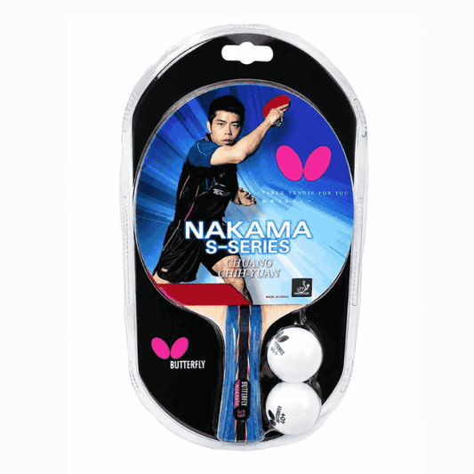 Butterfly Nakama S9 table tennis racket set with flared handle and two table tennis balls in retail packaging.