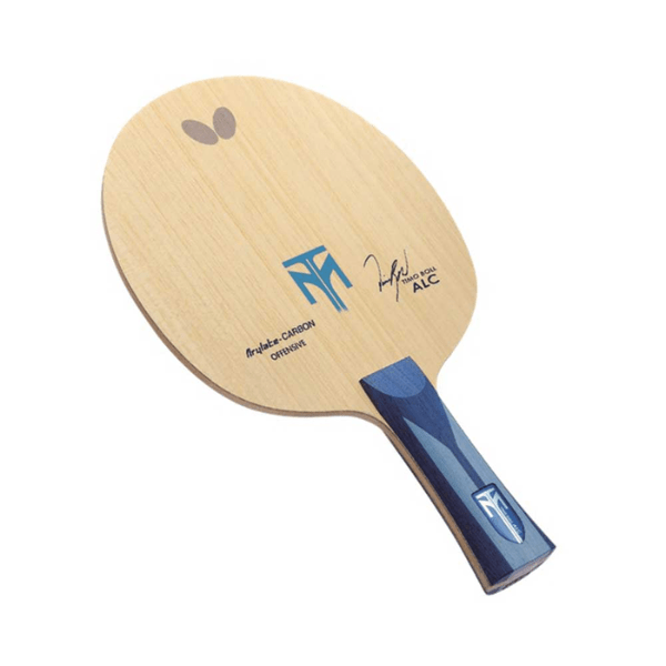 Table tennis paddle with wooden blade and blue handle on a white background