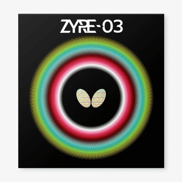 Product packaging with 'ZYRE-03' branding and colorful concentric circles on a black background.