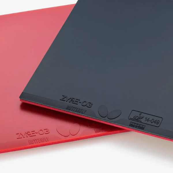 Two table tennis paddles, one red and one black, with 'Butterfly' branding on a light background.