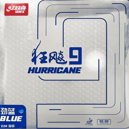 DHS Hurricane 9 table tennis rubber packaging with branding and product details.