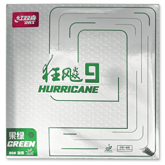 DHS Hurricane 9 table tennis rubber packaging with green text on a white background