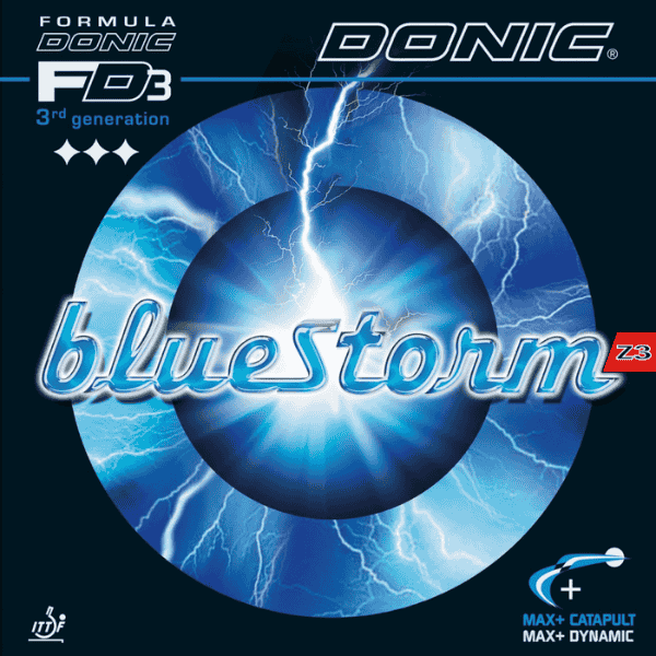 Donic Bluestorm Z3 table tennis rubber with blue and white design on a dark background