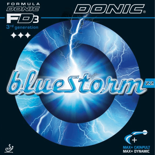 Donic bluestorm 72 table tennis rubber with blue and white design on a black background