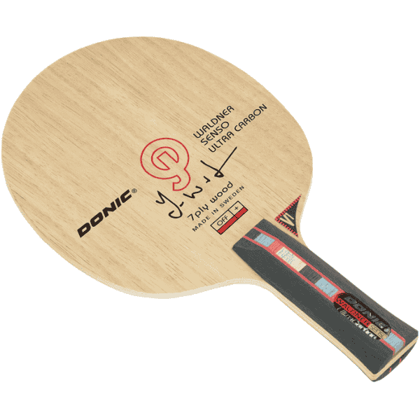 Table tennis paddle with wooden blade and black handle on a white background