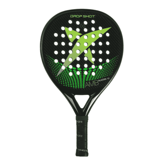 Padel racket with green and black design on a white background