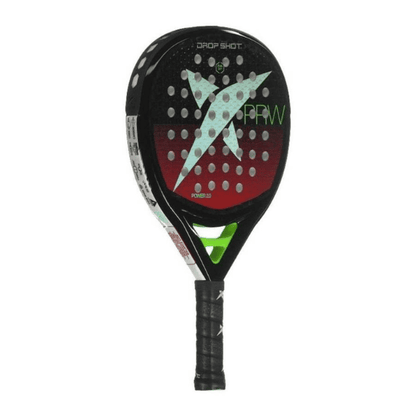 Drop Shot Power 2.0 padel racket with a black carbon-fiber surface, bold red and silver lightning graphics, green accents