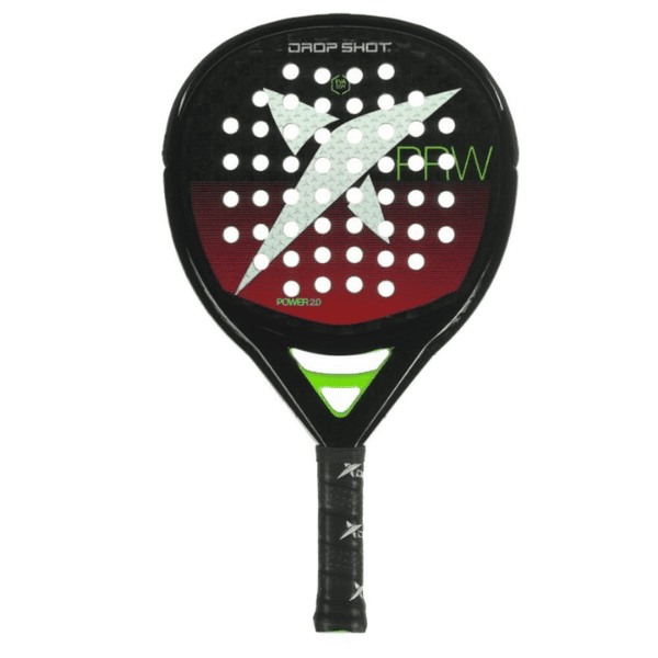 Drop Shot Power 2.0 padel racket with a black carbon-fiber surface, bold red and silver lightning graphics, green accents