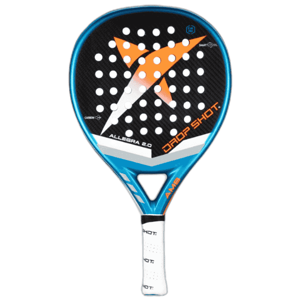 Drop Shot Allegra 2.0 AMB padel racket featuring a teardrop-shaped frame in a white background.