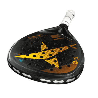 Drop Shot Canyon Pro 1.0 padel racket featuring a black frame with gold and orange accents, teardrop-shaped head, 24K carbon face