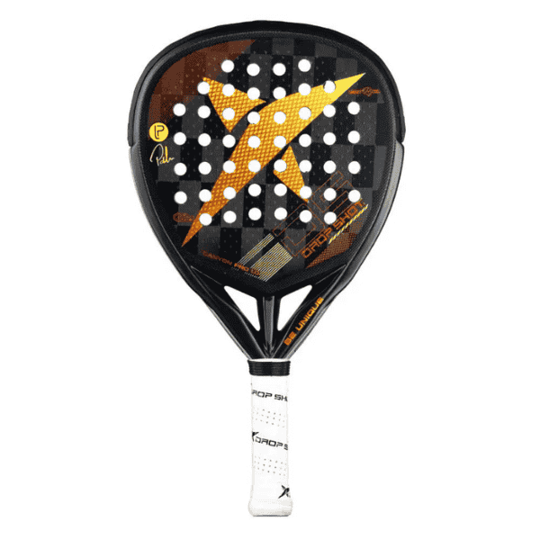 Drop Shot Canyon Pro 1.0 padel racket featuring a black frame with gold and orange accents, teardrop-shaped head, 24K carbon face