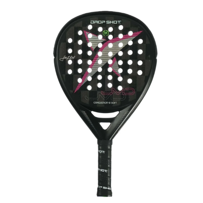 Black and pink sports racket with brand logo on a white background