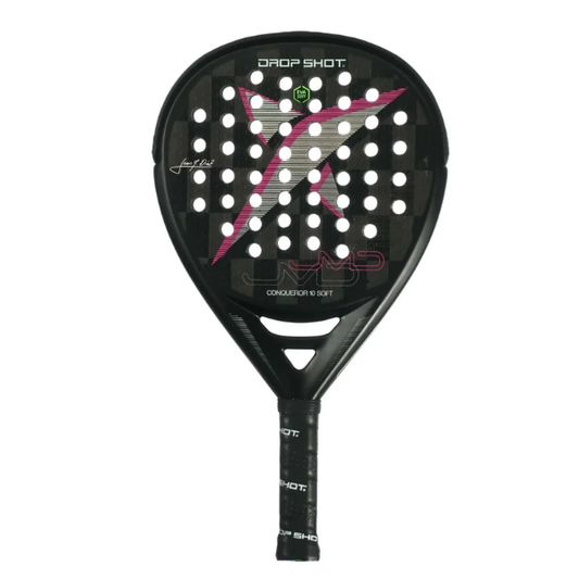 Black and pink sports racket with brand logo on a white background